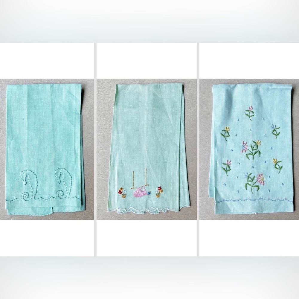 3 Vintage Blue and Green Handkerchiefs